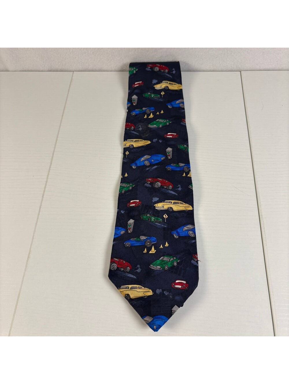 Vicky Davis Silk Tie Vintage 90s Hot Rod Classic Race Cars Rush Hour Traffic 4"
